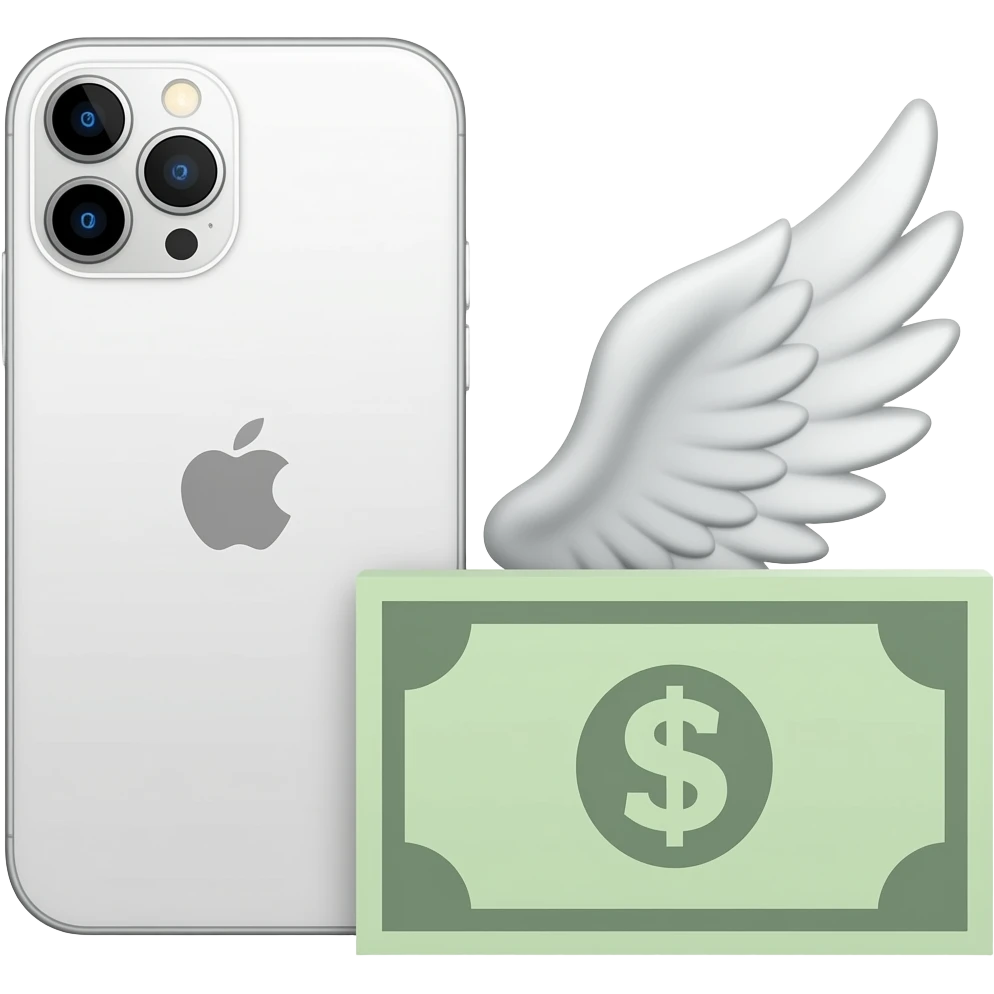 A white iPhone, with a winged banknote next to it emoji