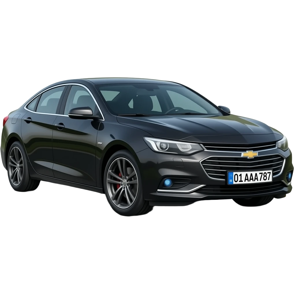 A realistic icon emoji of a metallic black sedan Chevrolet Malibu 2.0L Turbo Premier, wide shot, dark charcoal tint windows, black alloy 5-spoke rims, Dynamic sky blue glow LED headlights with glowing effect, uzbekistan flag region, number texts "🇺🇿 01 AAA 787" in plate, driving in the road way emoji
