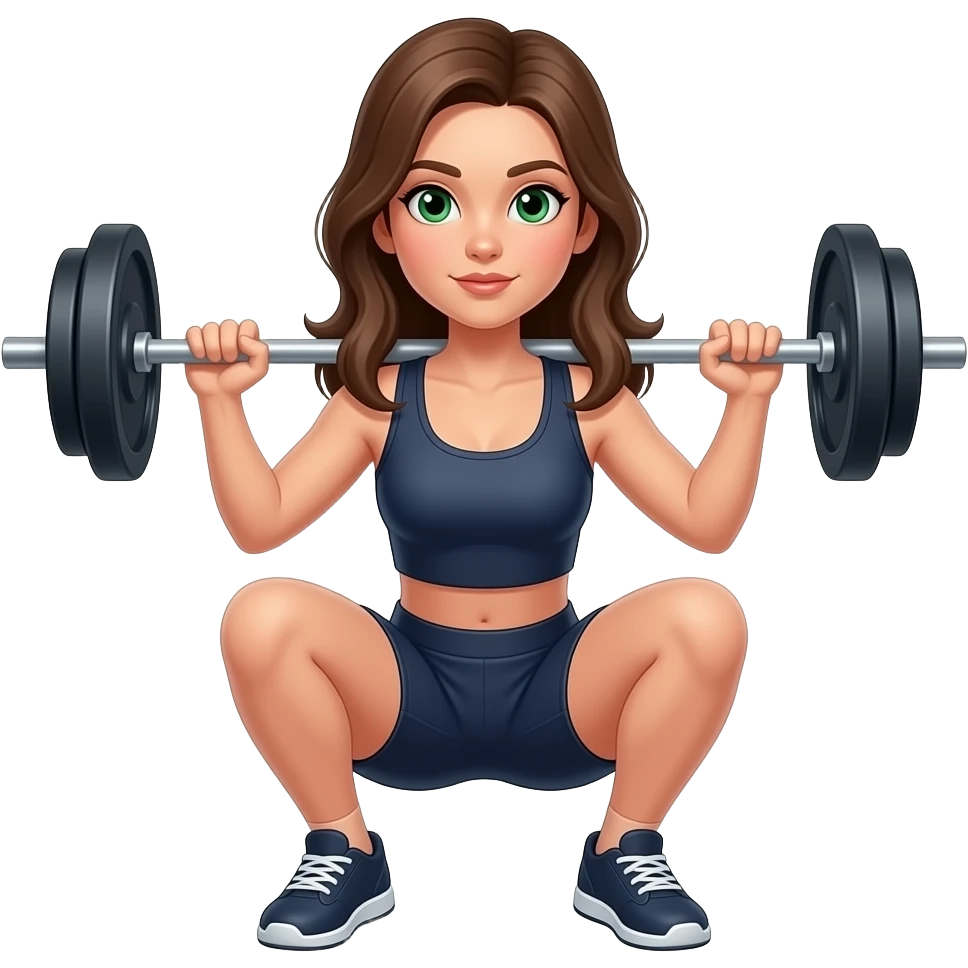 Can you make a young woman squatting with barbell weights, where she is holding the barbell on her shoulders and is standing op? Where she has green eyes and medium long brown hair emoji