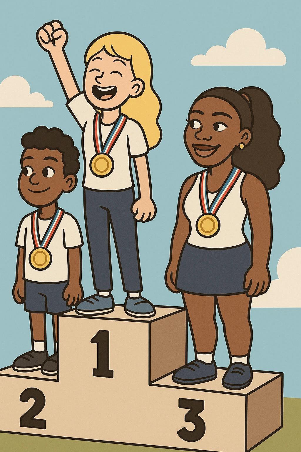 winners podium girl yellow hair Olympic Gold Medal a boy brown skin black Classic Curl hair Olympic Gold Medal Serena Williams Olympic Gold Medal  emoji