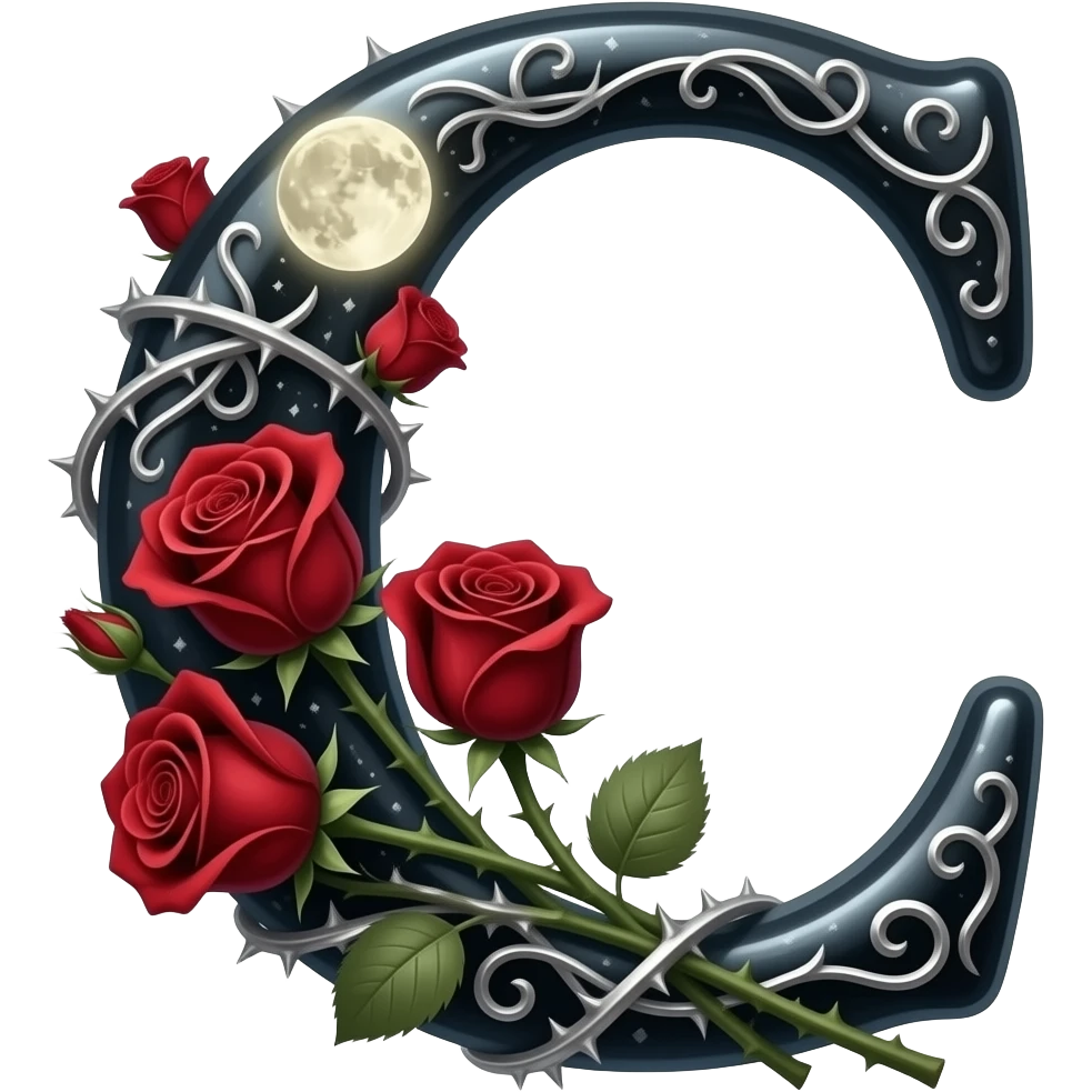 A heavy obsidian letter 'C' with silver filigree engraving. Deep red velvet roses with thorny stems wrap over the letter. Glowing moonlight effect, dark and moody atmosphere, deep glowing emoji
