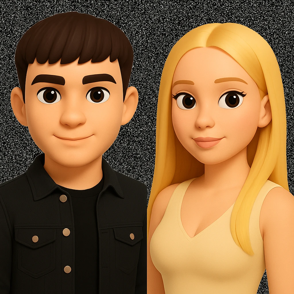 Slightly increase the volume of the upper body of the girl, separate the girl and the boy from each other, and make the skin color the same for both characters. Maintain the cartoonish 3D style in the edit. emoji