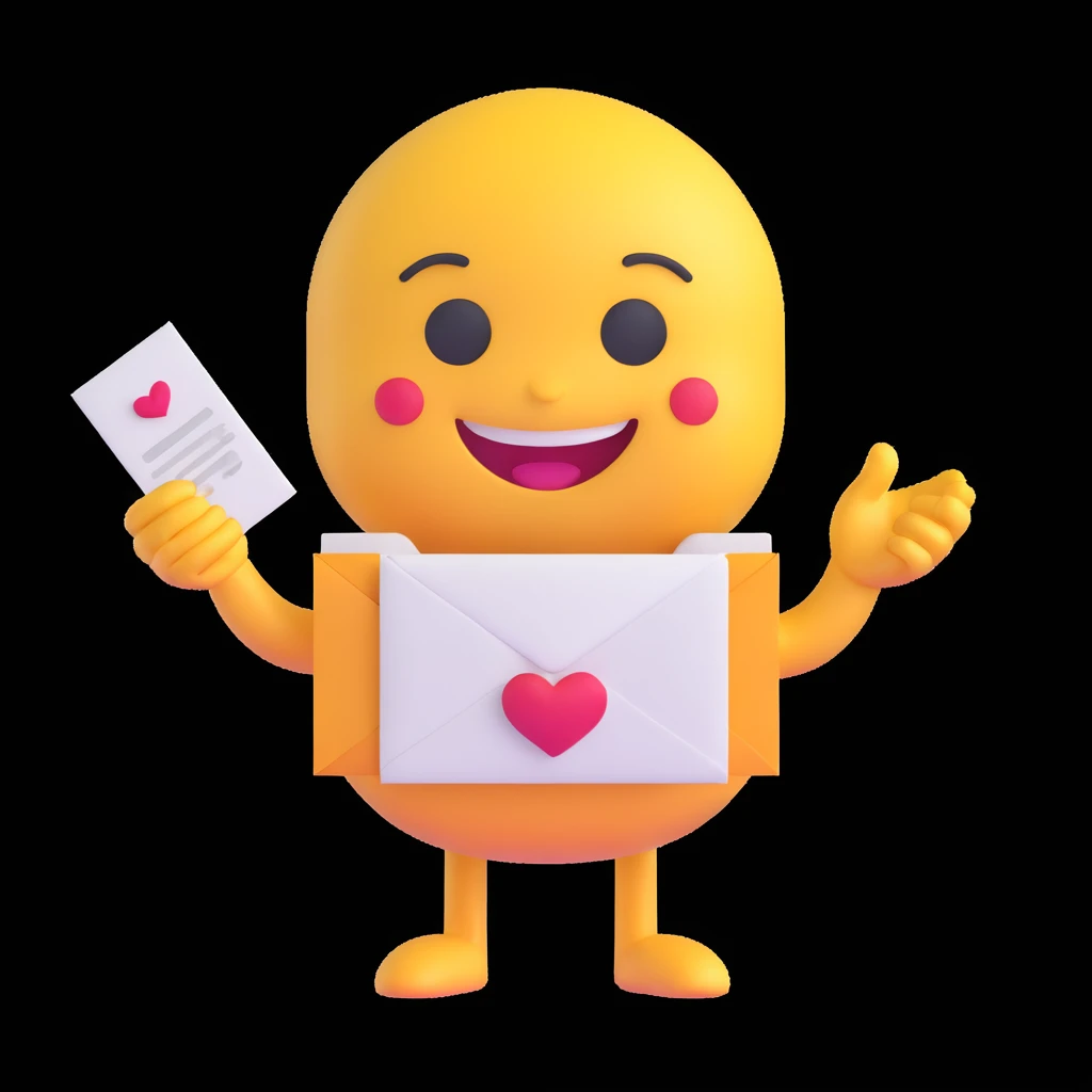 apple-style 3D emoji character holding a wedding invitation with both hands, cute and minimal, soft shadows, white background, high-resolution, emoji face smiling gently, pastel color palette emoji
