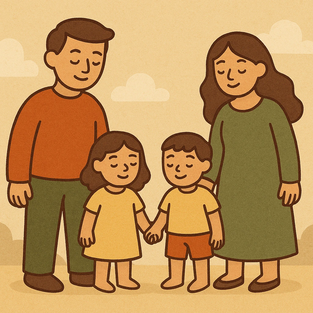 a family of four holding hands, modern flat style, warm colors, simple background emoji