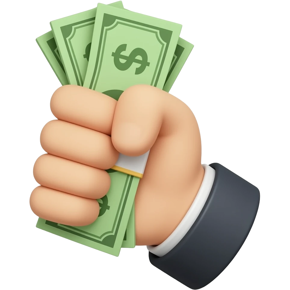 Generate an image of a strong emoji style hand hold some money, what represent financial control. only on white background as a professional level color artist, 3D designer and graphics designer. Make those color realistic and add soft glow as a professional level color artist. emoji
