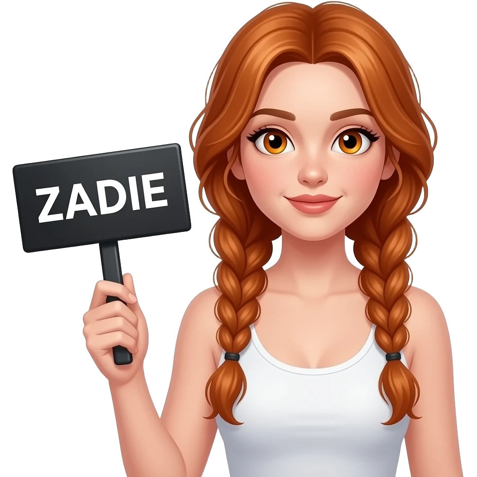 sexy girl with long wavy ginger braids and ginger eyes wearing a white tanktop is holding a black colored sign with ZADIE written on it emoji