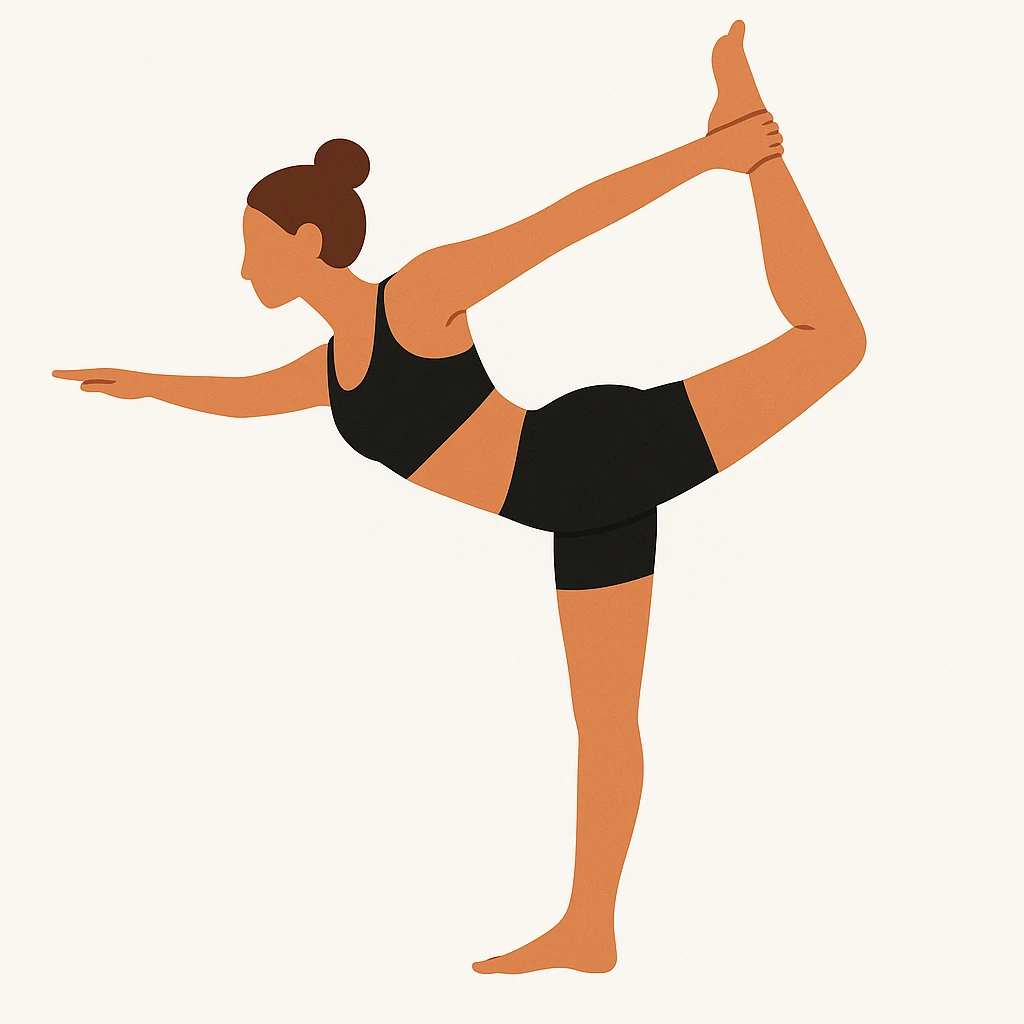 Minimalist flat vector illustration of a woman doing yoga in forward fold pose (Standing Bow Pulling), wearing sportswear (black top and black shorts), brown hair in a bun, clean white background, no face details, elegant style emoji
