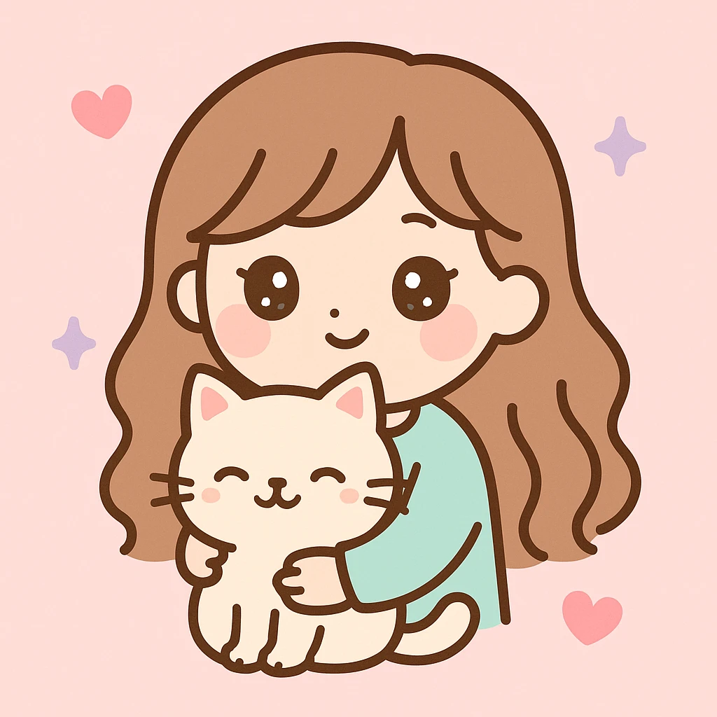 a girl with long wavy brown hair and brown eyes holding a cat, friendly and appealing style emoji