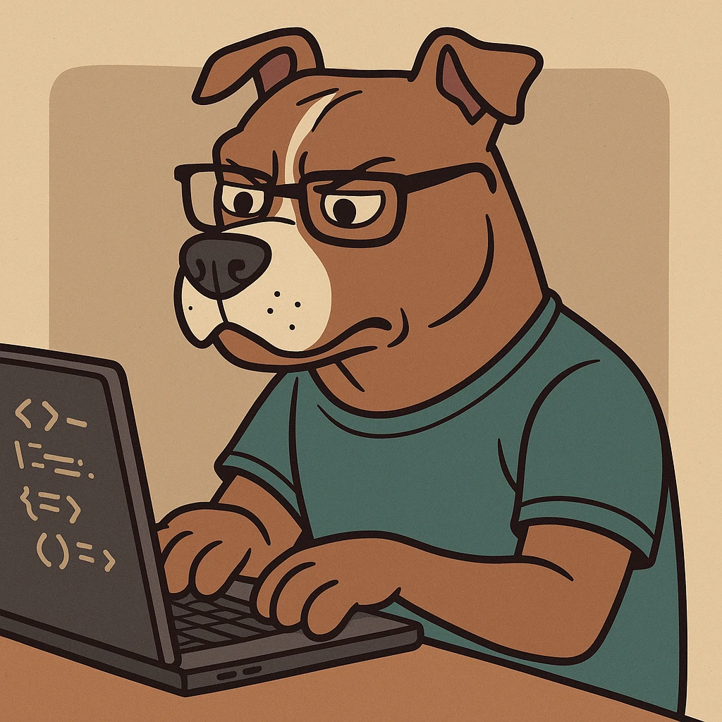 cartoon pit-bull, upright posture, typing code, glasses, focused emoji