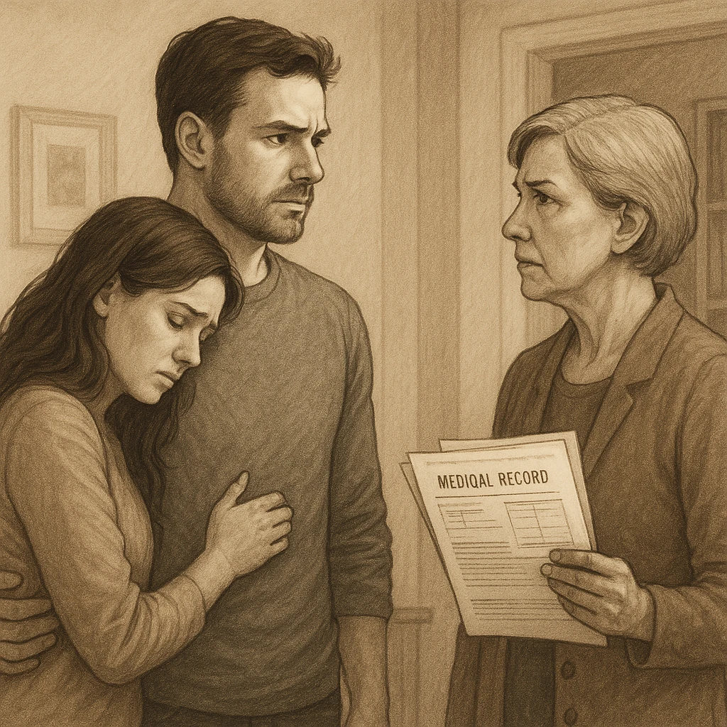 The couple standing together, the man facing his mother-in-law with a calm but firm expression, his wife leaning on him for support, medical documents visible, home interior. emoji