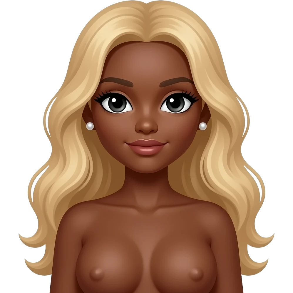 Dark brown skin, long blonde wavy hair, pearl earrings studs, long lashes, doll eyes, big breast, no bra, black eyes emoji