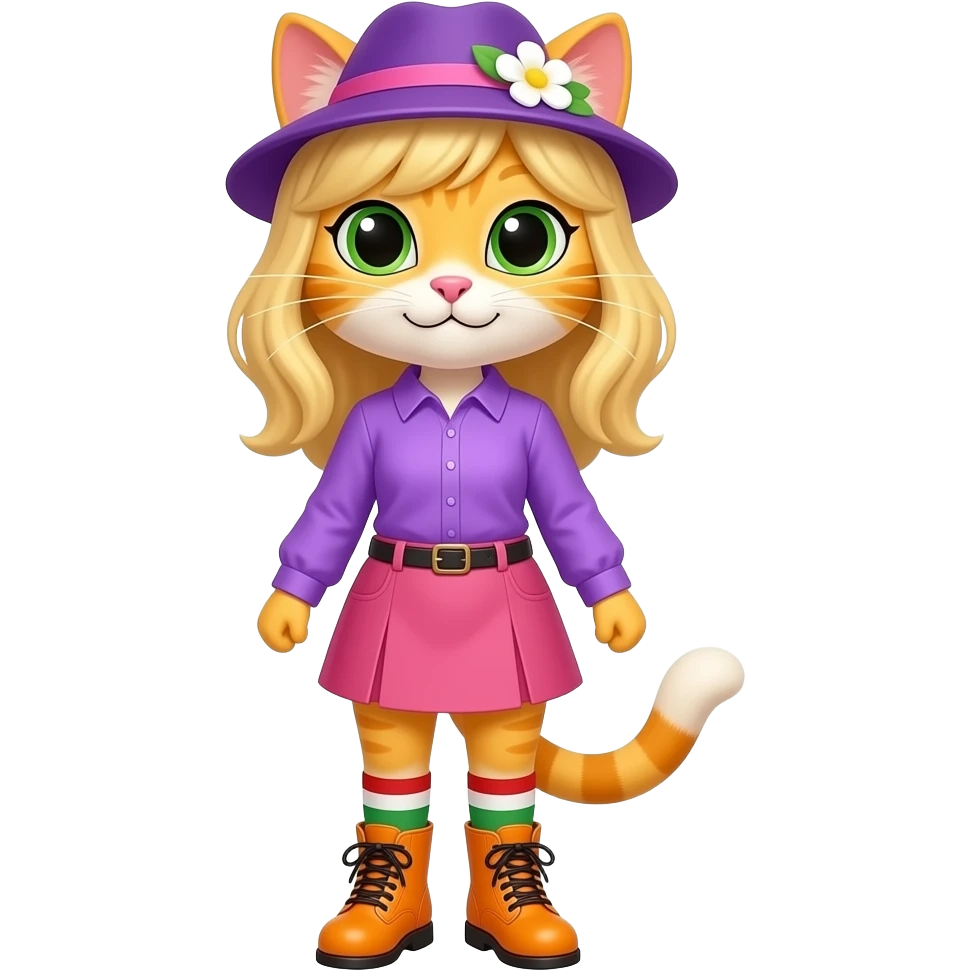 Yellow cat with blonde hair purple hat with white flower  purple long sleeved shirt pink skirt red white green socks orange boots emoji