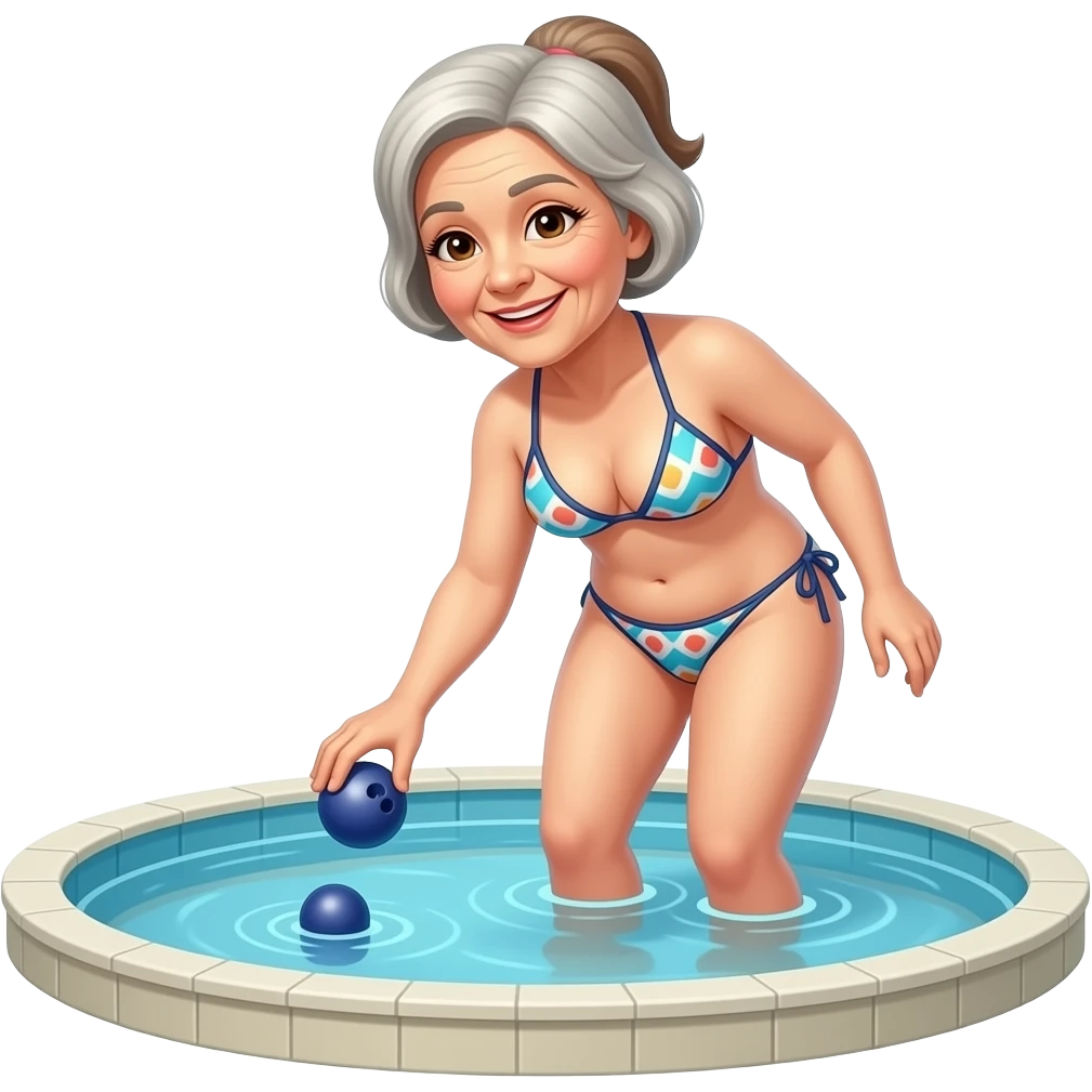 elder lady with brown hair in a bikini in small pool playing boules emoji