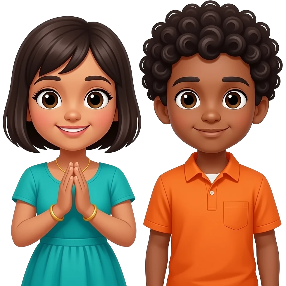 If You're Happy One Indian Bob Hair Girl Teal Dress Is Clapping With Afro Hair Orange Shirt boy emoji