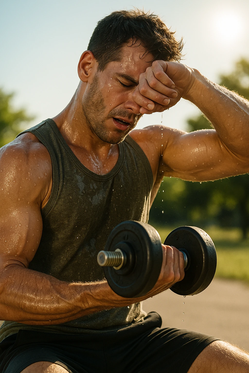 uomo fitness che si allena in estate, tutto sudato, con una mano fa un curl manubri mentre con l'altra mano si asciuga il sudore dalla fronte, espressione affaticata in volto emoji