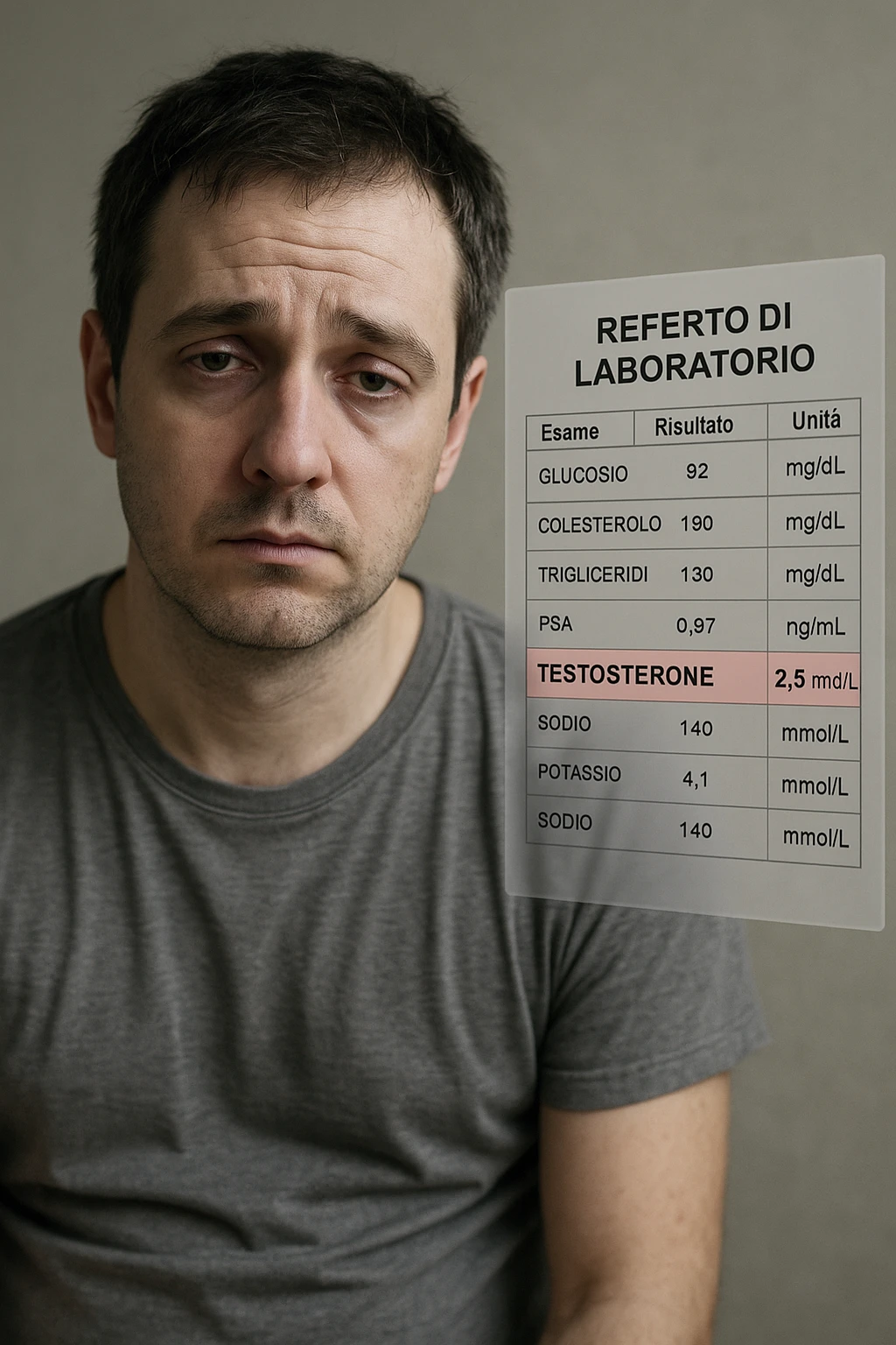 Un uomo caucasico di 35-45 anni, in CGI fotorealistico, che mostra i segni fisici ed emotivi di un basso livello di testosterone. aggiungere un referto medico semi-trasparente fluttuante accanto a lui, con valori di testosterone evidenziati in rosso. in italiano emoji