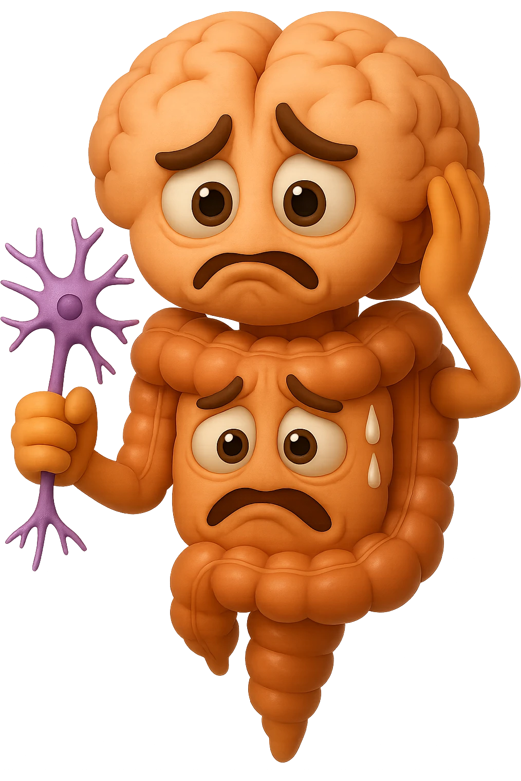 EMOJI STILE IPHONE DI UN INTESTINO collegato verticalmente ad un cervello mentre tiene in mano un neurone, espressione stressata, IPERREALISTICO 4K emoji