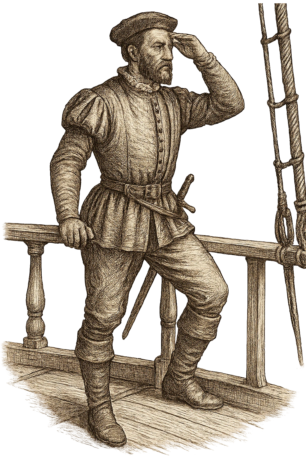 Jacques Cartier, French explorer, standing on a ship deck, looking at the horizon, 16th-century outfit, no background emoji