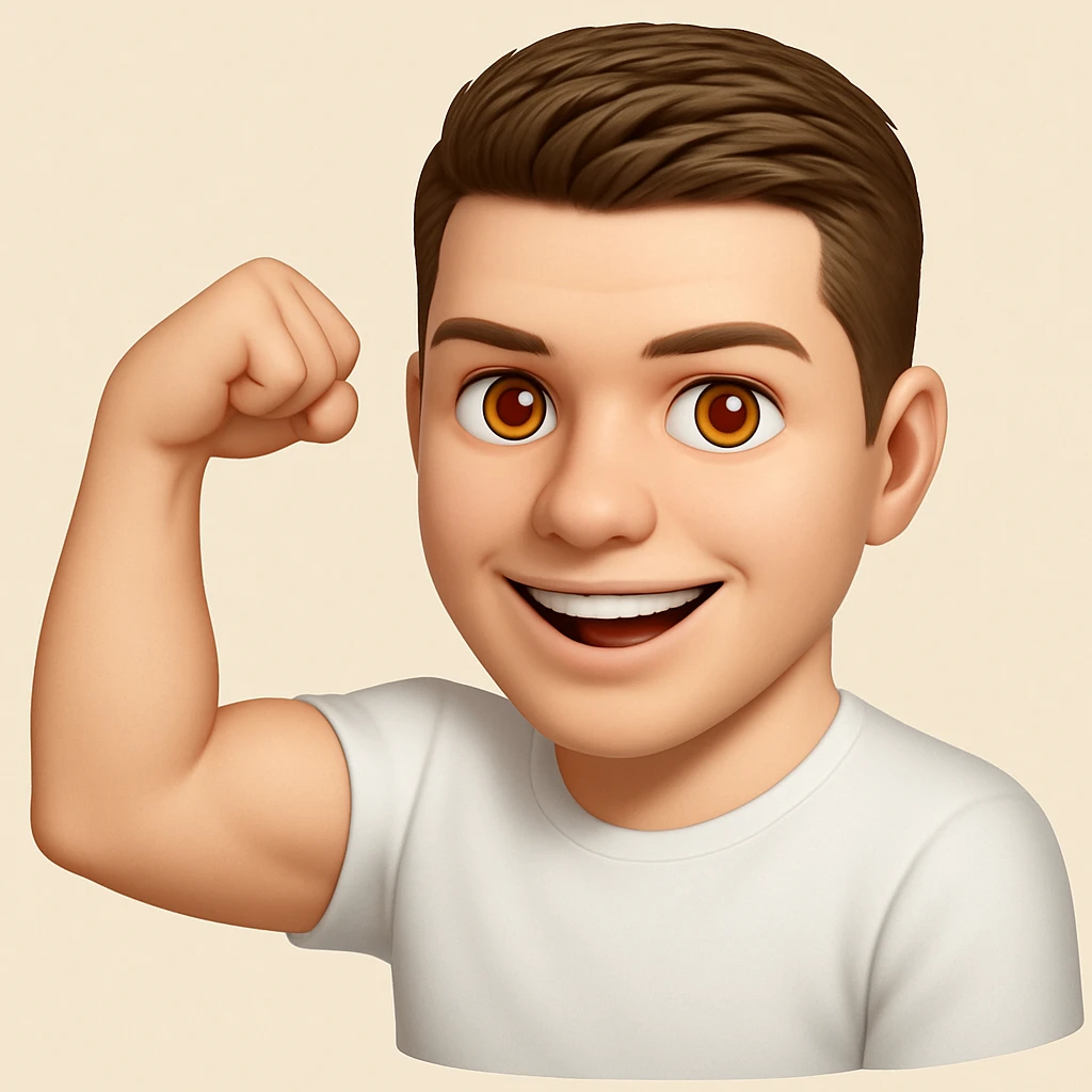 Based on these photos, make an emoji with facial features intact, man in white t-shirt, showing muscles emoji