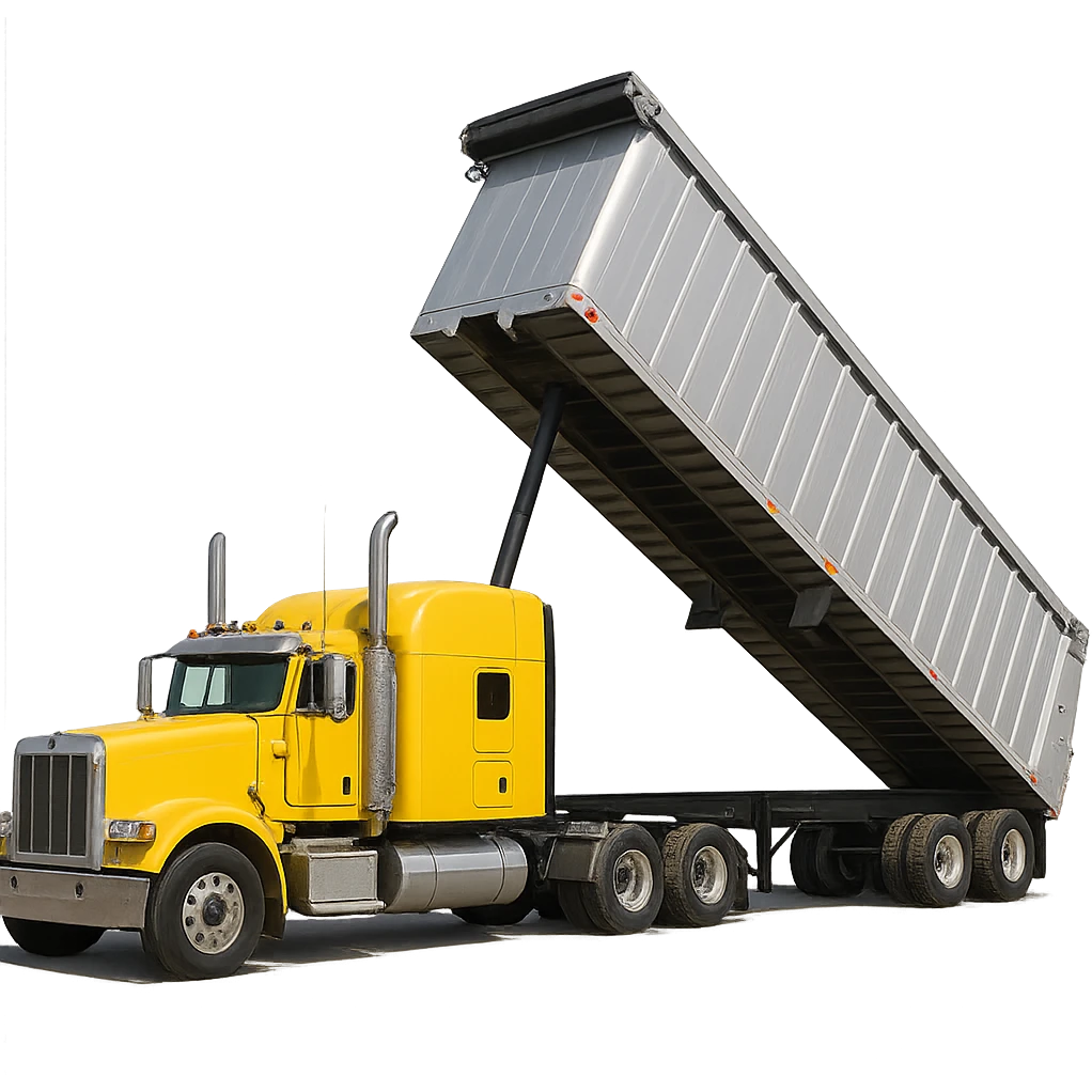 long silver end dump trailer hooked to a yellow semi sleeper truck, trailer in dump position, photorealistic style, crisp details emoji