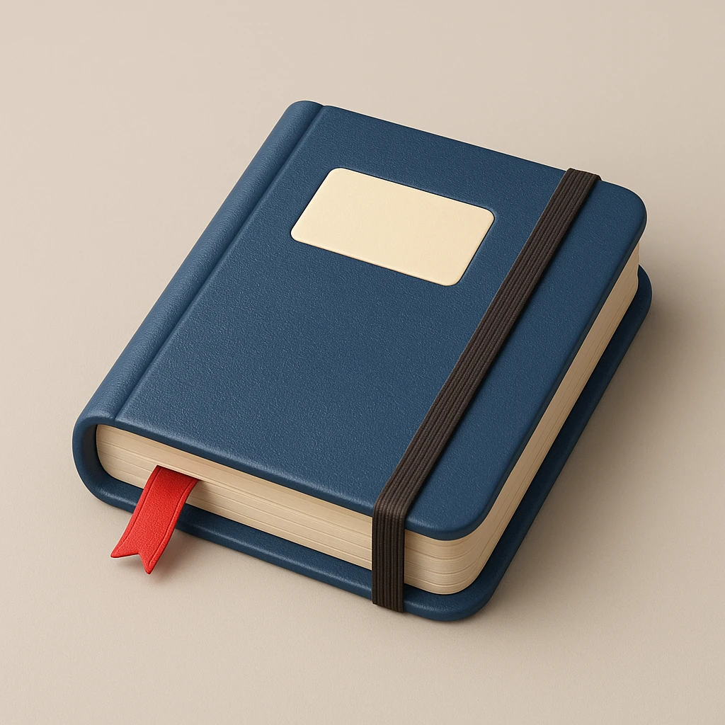 Change the notebook cover to blue while maintaining a realistic 3D style. Keep the elastic band and bookmark, with a Moleskine-like appearance. Realistic 3D style with detailed textures and lighting. emoji