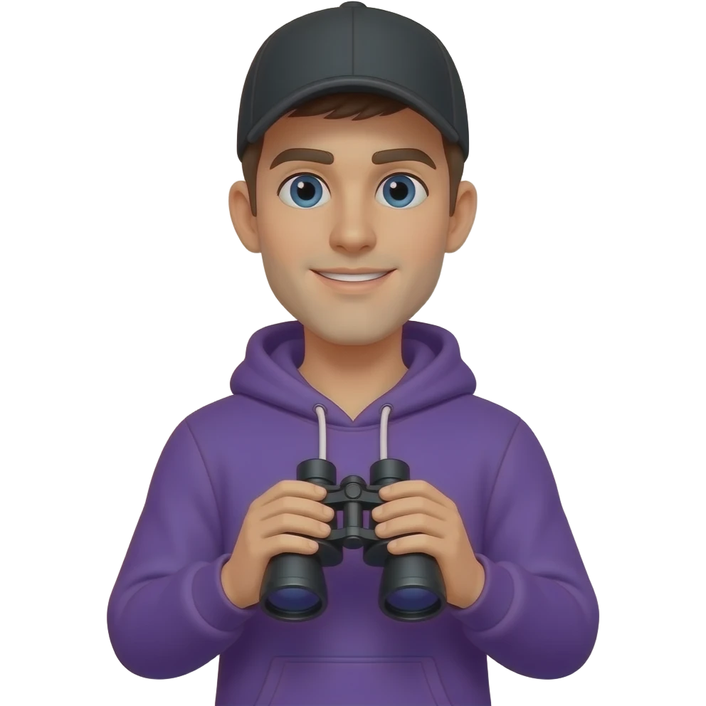 tall skinny guy with black basecap, purple hoodie, using binoculars emoji