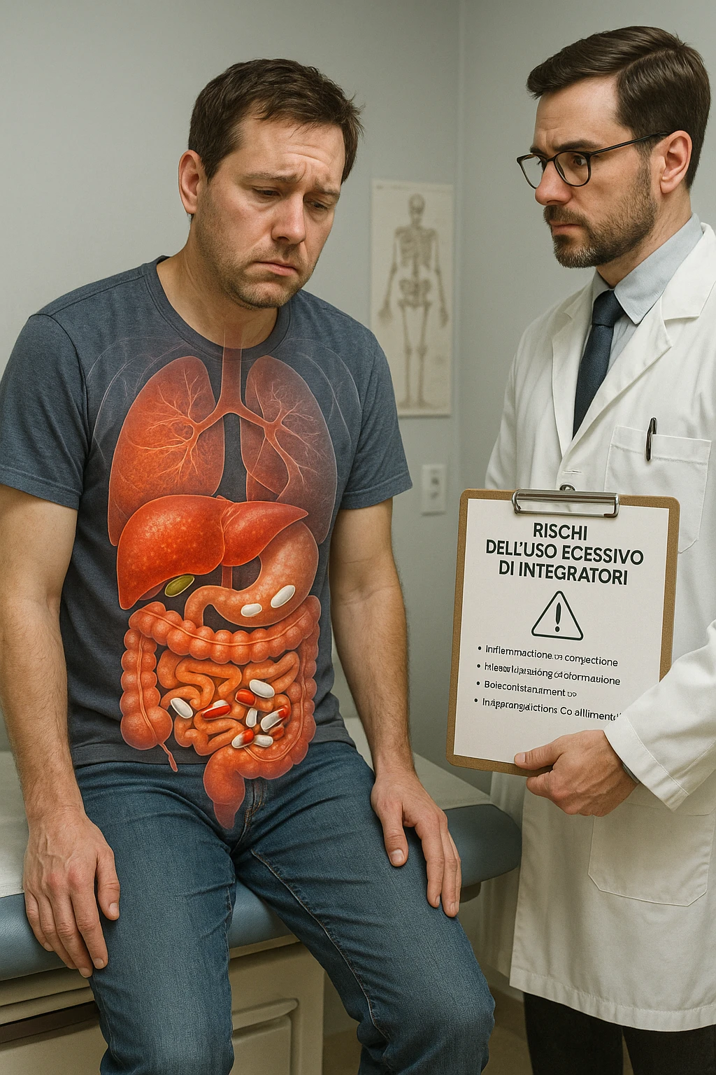 a man sits on a doctor’s examination table, looking fatigued and uncomfortable. A transparent anatomical overlay reveals his liver and intestines, both appearing inflamed and congested, with stylized supplement capsules and pills scattered throughout the digestive tract. The doctor stands nearby, holding a chart that highlights the risks of excessive supplement use. The mood is clinical and educational. in italiano iperrealistica emoji