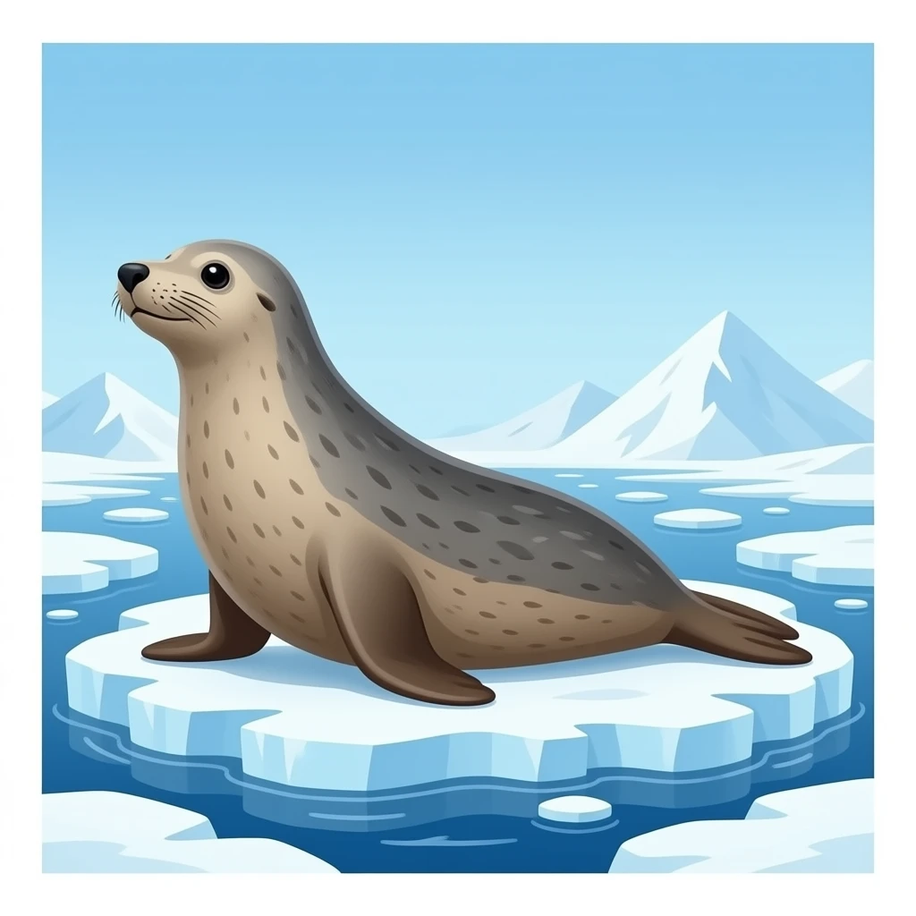 a Picture of a seal background is the antartica with snow and ice and water emoji