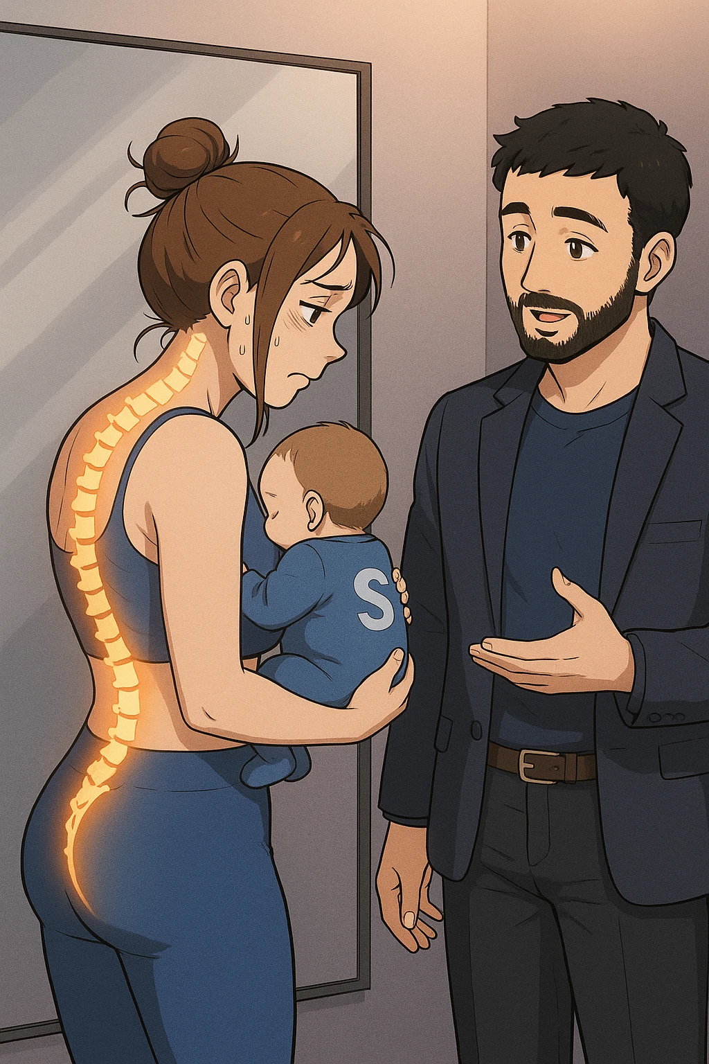 ispirati a questo stile di disegno e fai questa immagine in versione manga/webtoon a colori, il manga mostra la donna che si guarda alla specchio preoccupata di profilo con la postura sbagliata e incurvata, spalle chiuse e curve in avanti, con un neonato in braccio con una tutina azzurra e la scritta "S" sulla schiena, spina dorsale storta della donna in evidenza mentre al suo fianco anche l'uomo guarda la donna riflessa nello specchio e le spiega una cosa, ma non fare i fumetti, fai come se stessero parlando emoji