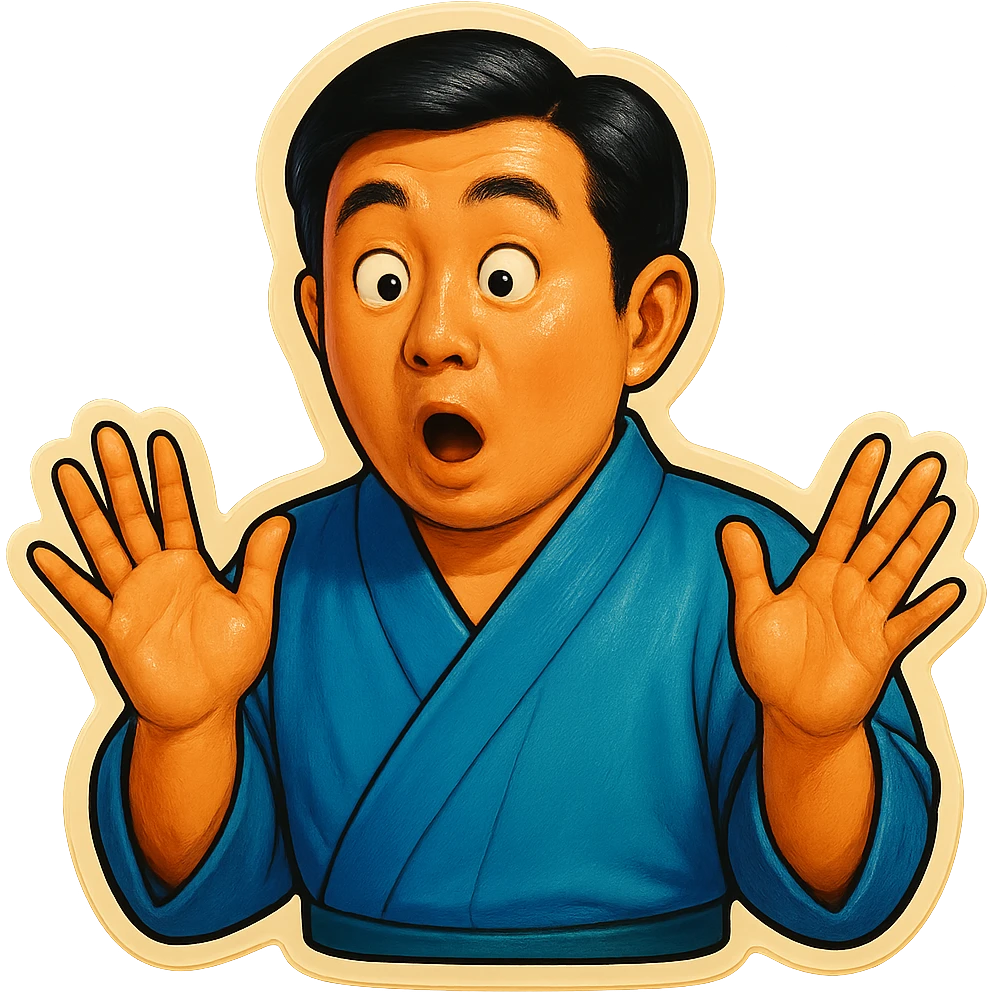 The same Japanese man in traditional kimono looks at the viewer with a surprised look, and his hands are empty emoji