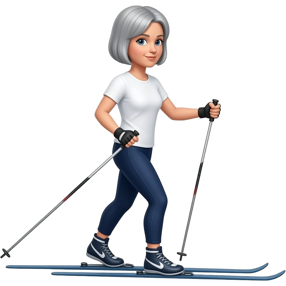 simple emoji, woman with grey bob haircut nordic walking, pole in each hand, hole body view side view, no skis, wearing white t-shirt and navy leggings emoji