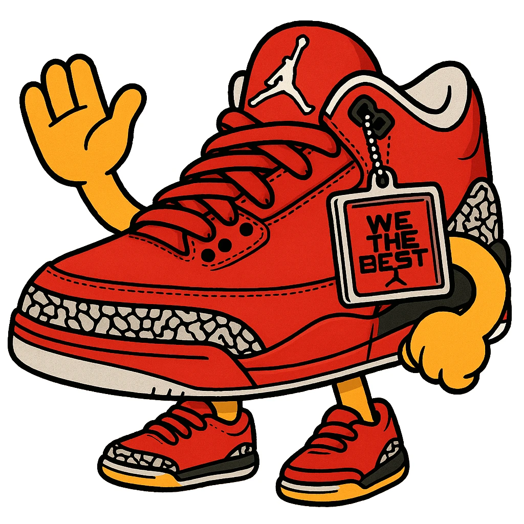 Create a red DJ Khaled Grateful Air Jordan 3 sneaker with yellow cartoon arms and legs, matching the style and pose of the green character in the reference images. emoji