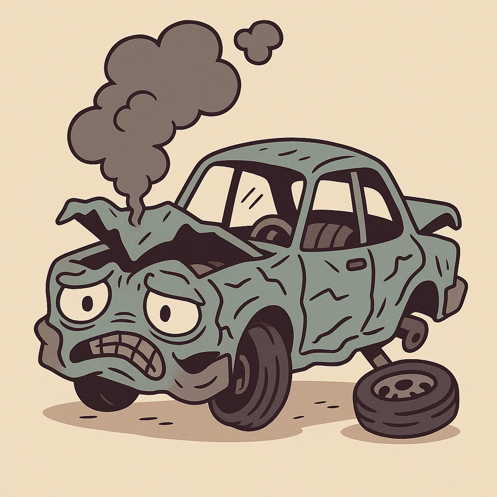 a cartoon-style badly damaged car, exaggerated dents, wheels falling off, smoke, comical look emoji