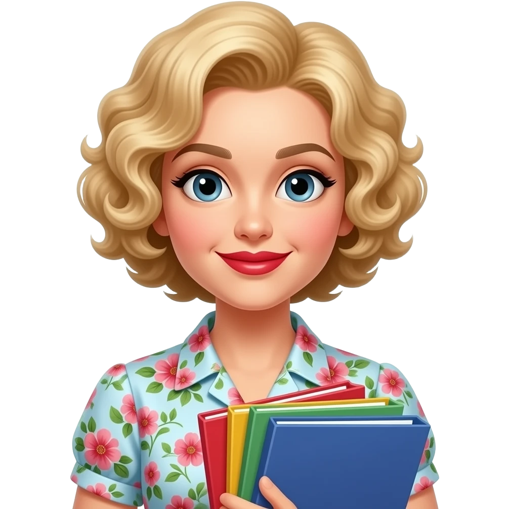 short blonde tight curly hair bob holding colorful folders in red lipstick and vintage floral blouse emoji