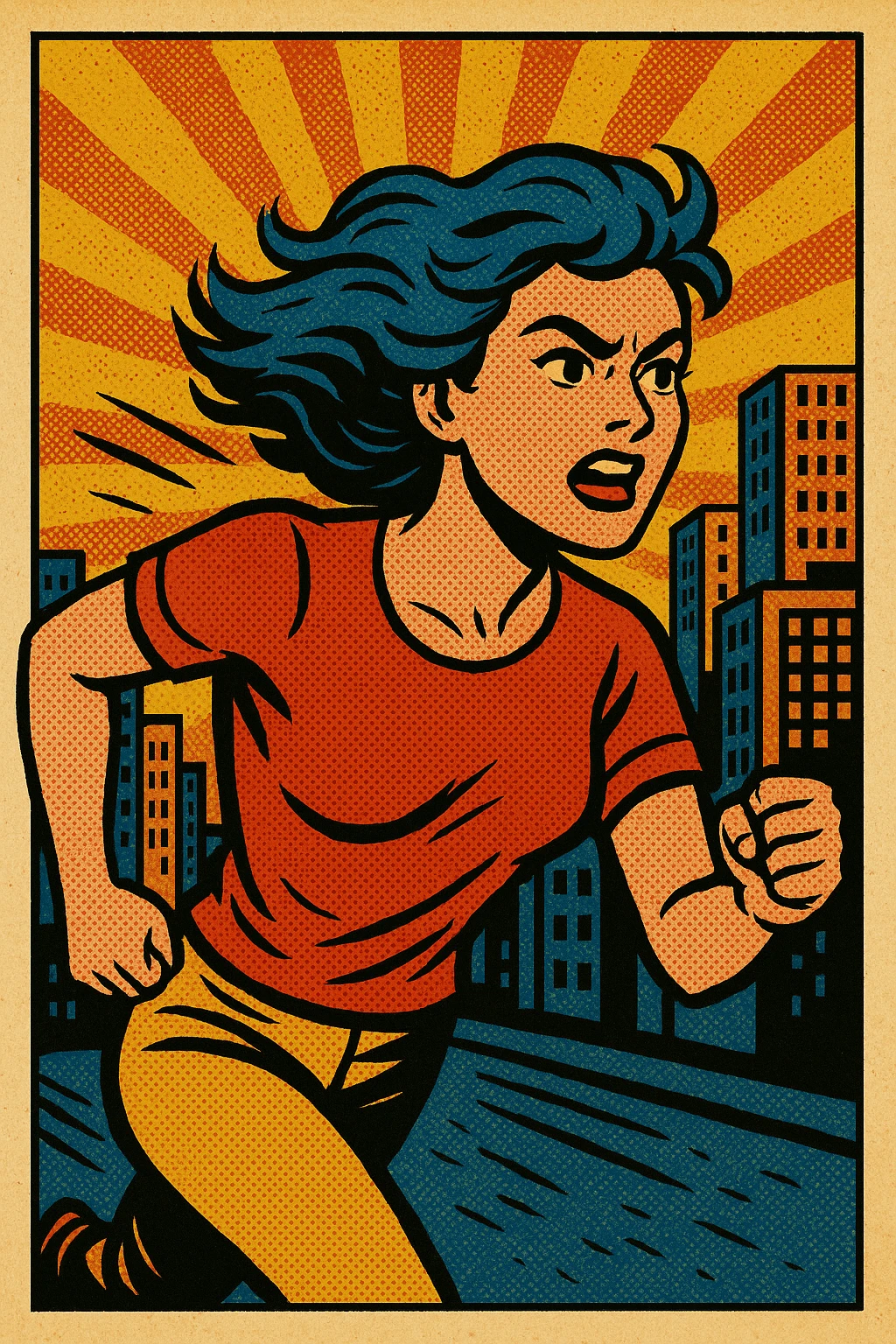 Woman with blue hair running in a city emoji