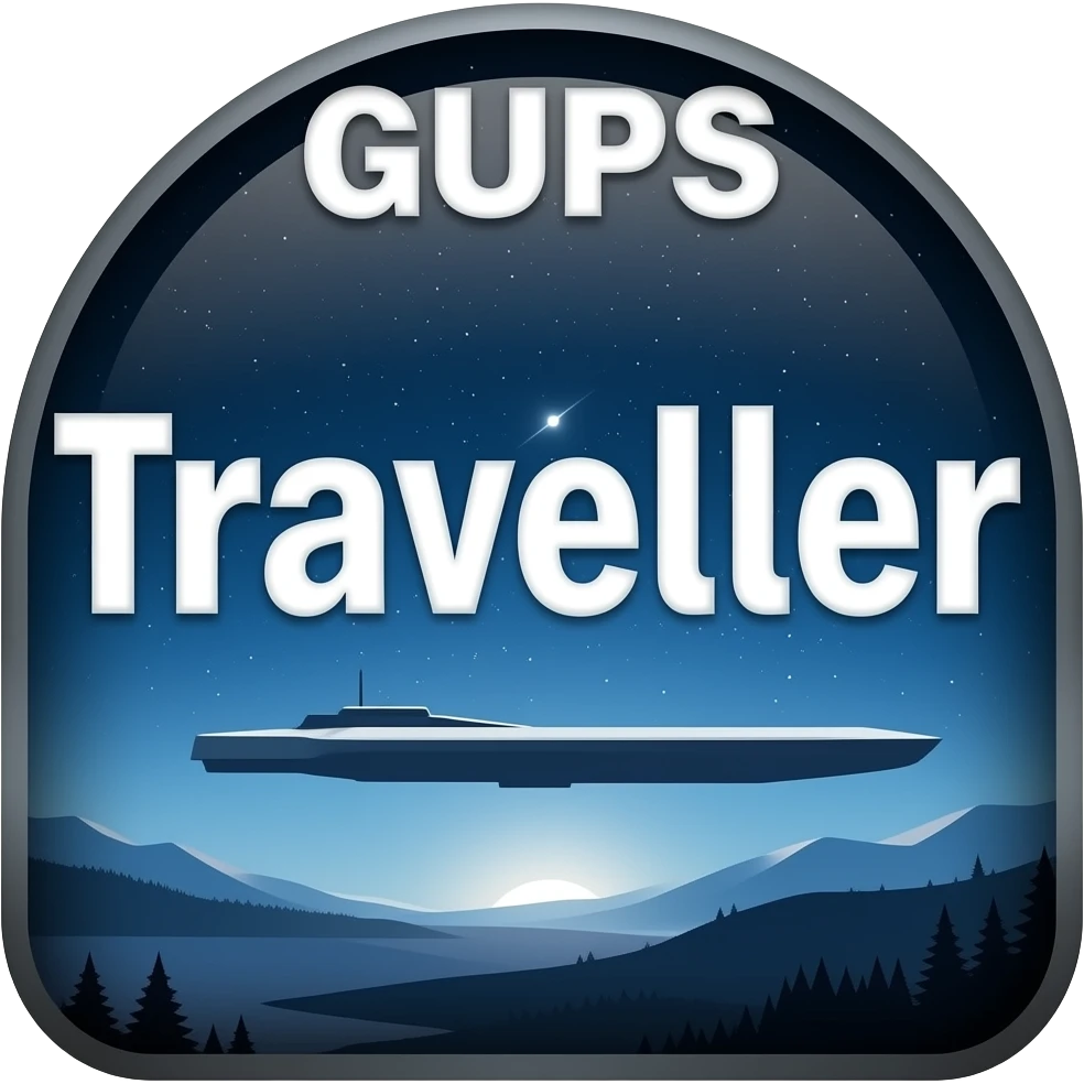 Create GURPS logo with "Traveller" on a starfield with a free trade starship in the background in a landscape format, size of 1600 x 800. emoji