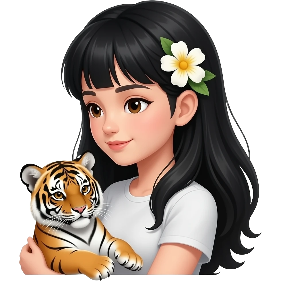 Garota de cabelos preto franjinha com os cabelos grandes, de lado é com um bebê tigre no colo com uma flor no cabelo emoji
