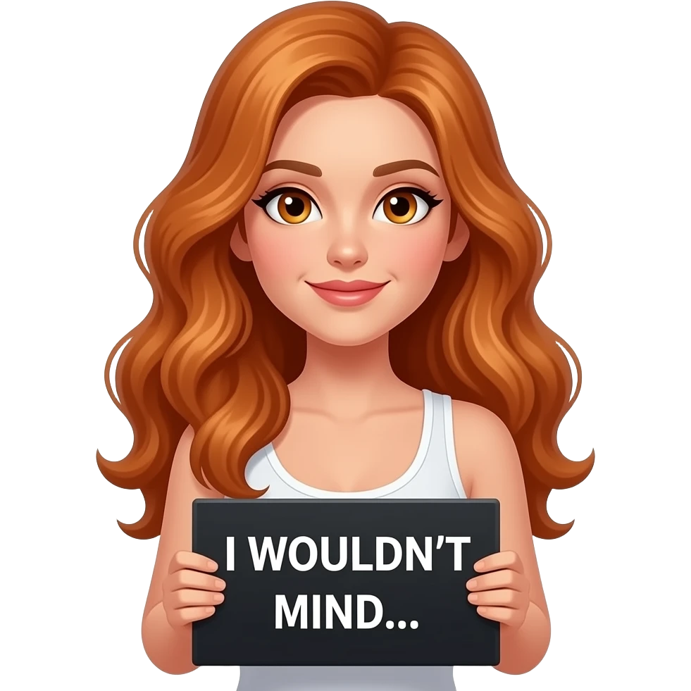 sexy girl with long wavy ginger hair and ginger eyes wearing a white tanktop is holding a black colored sign with I WOULDN'T MIND... written on it emoji
