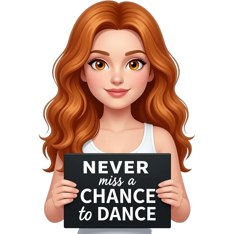 sexy girl with long wavy ginger hair and ginger eyes wearing a white tanktop is holding a black colored sign with NEVER miss a CHANCE to DANCE written on it emoji