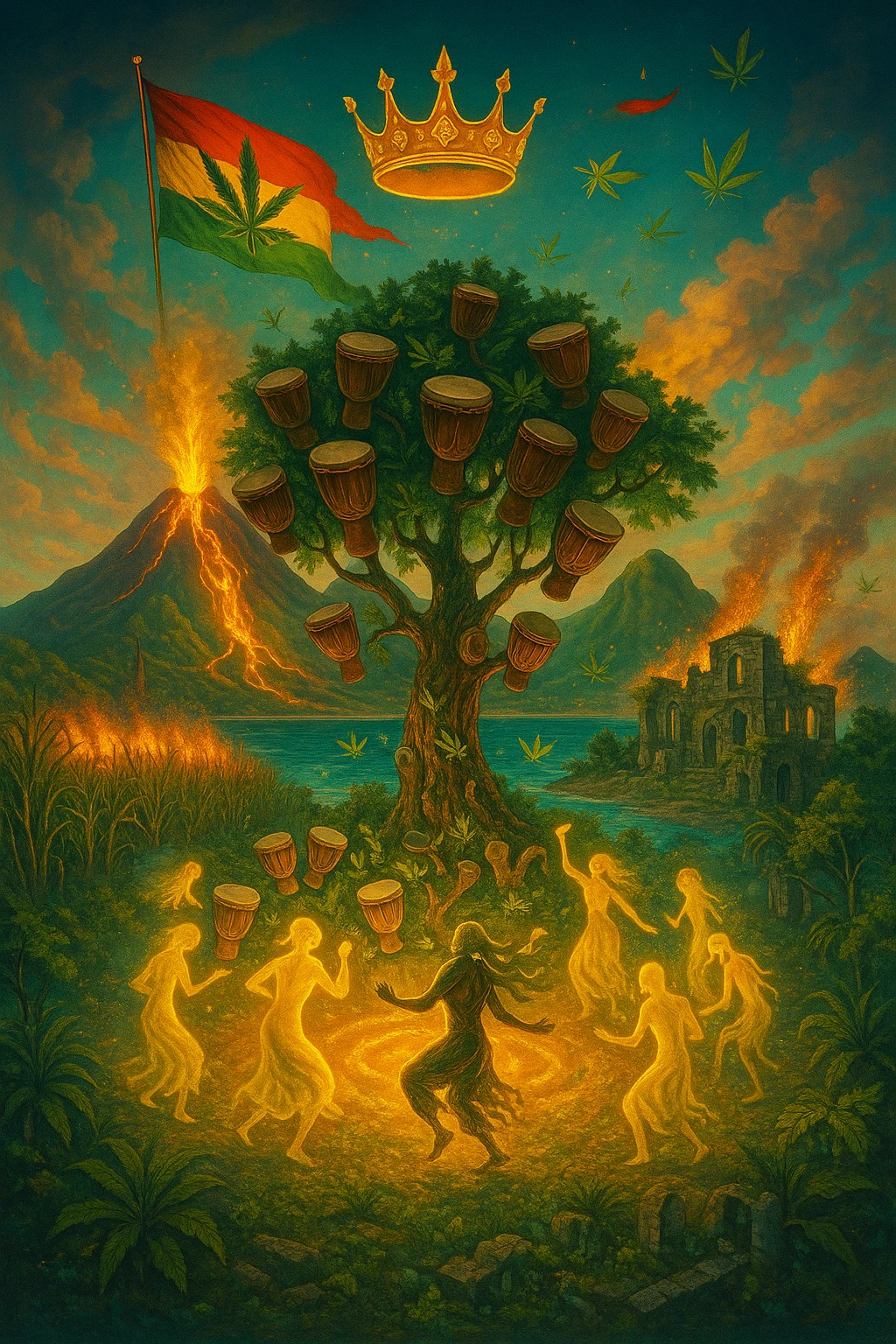 “Depict a mystical reimagining of Guadeloupe, a sacred French Caribbean island renamed Gwadaloo in spiritual rhythm. The landscape blends lush green mountains, twin volcanoes erupting golden light, and deep turquoise sea. In the center stands a legendary Drum Tree — its branches grow carved wooden drums instead of fruit, and glowing ancestral spirits dance around it in a circle of rhythm. Sugarcane fields burn gently in the background, symbolizing the release of colonial pain, while ganja leaves drift in the wind like blessings. Overhead, a sacred ganja-leaf flag flutters in the sky with red, green, and gold colors. A Creole crown floats in golden light above the island, not on any man’s head, but pulsing to the beat of the land. In the distance, ghostly ruins of colonial buildings crumble into dust, reclaimed by vines and time. Use a vibrant, cinematic color palette with warm golden light, deep greens, glowing reds, and ocean blues. Style the scene as prophetic, surreal, and empowering — a vision of Caribbean sovereignty, rhythm, and soul remembrance." emoji