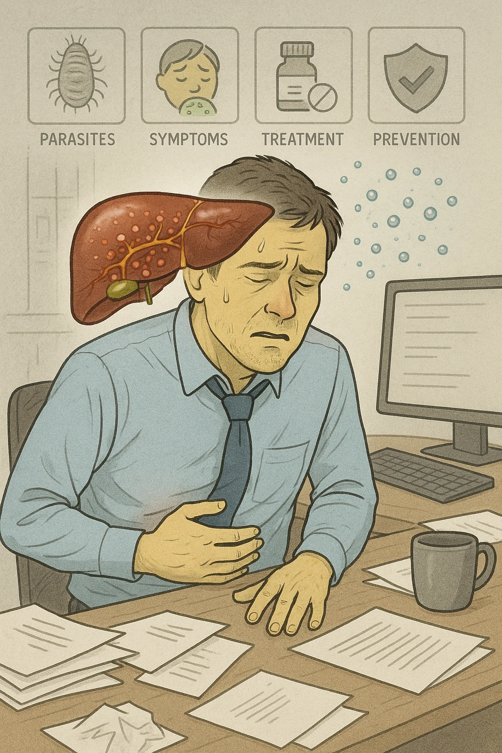 Man sitting at office desk experiencing subtle symptoms of liver dysfunction, upper abdominal pain, nausea, and unexplained fatigue Parasites: Types, Symptoms, Treatment & Prevention, expression of confusion about vague health issues, liver shown in transparent overlay with early inflammation, toxins beginning to accumulate in bloodstream, productivity declining as liver struggles to filter properly emoji