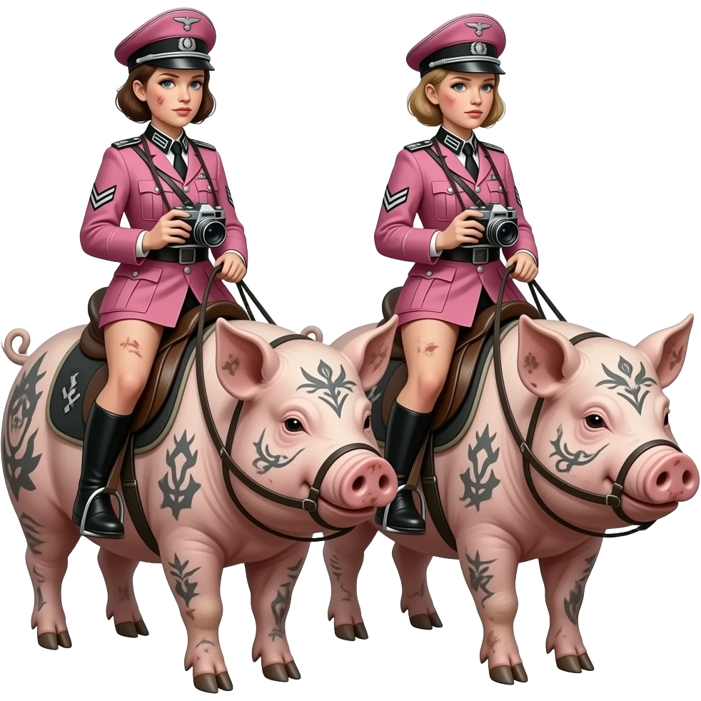 cinematic realistic - Two skinny and dirty female riders in pink German army uniforms from World War II ride jumping on large tattooed pigs with antique cameras in their hands. emoji
