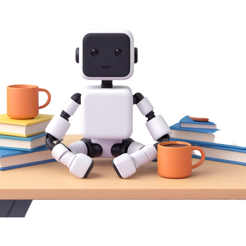 Cute desk companion bot — small cube-shaped AI assistant with articulated arms, sitting on a desk with books and coffee. emoji