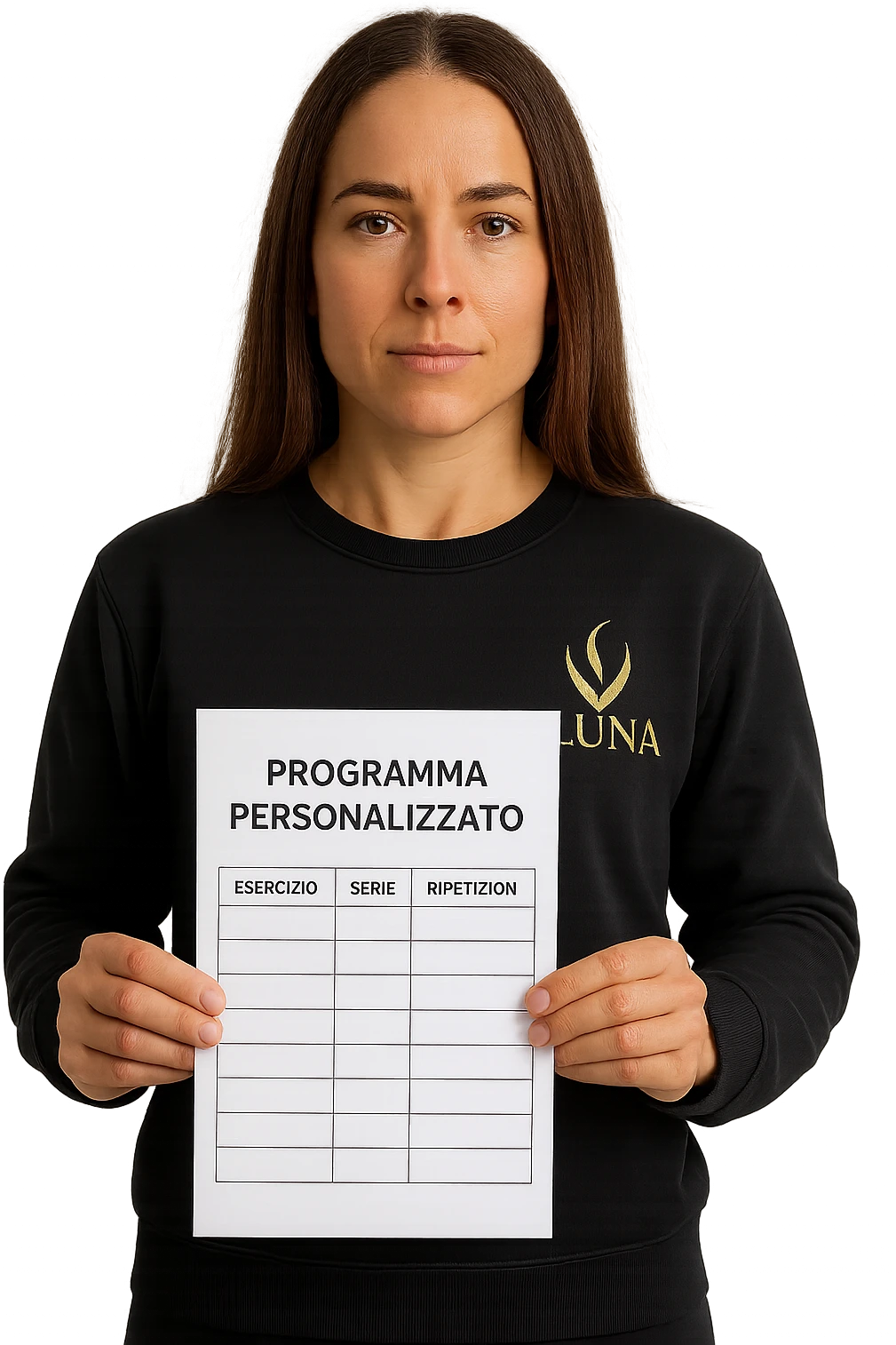 Donna con in mano Scheda di allenamento di palestra con scritto "Programma Personalizzato" emoji
