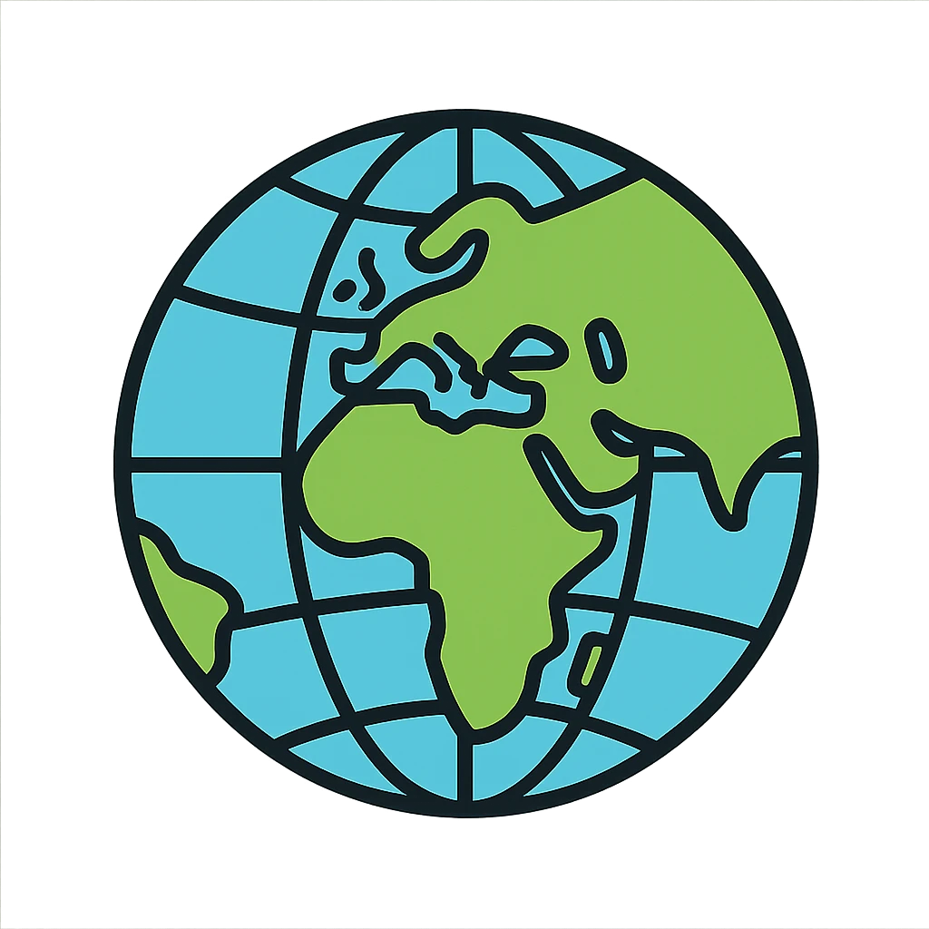 detailed globe icon showing continents, oceans, and latitude/longitude lines, lineal color style with black outlines emoji