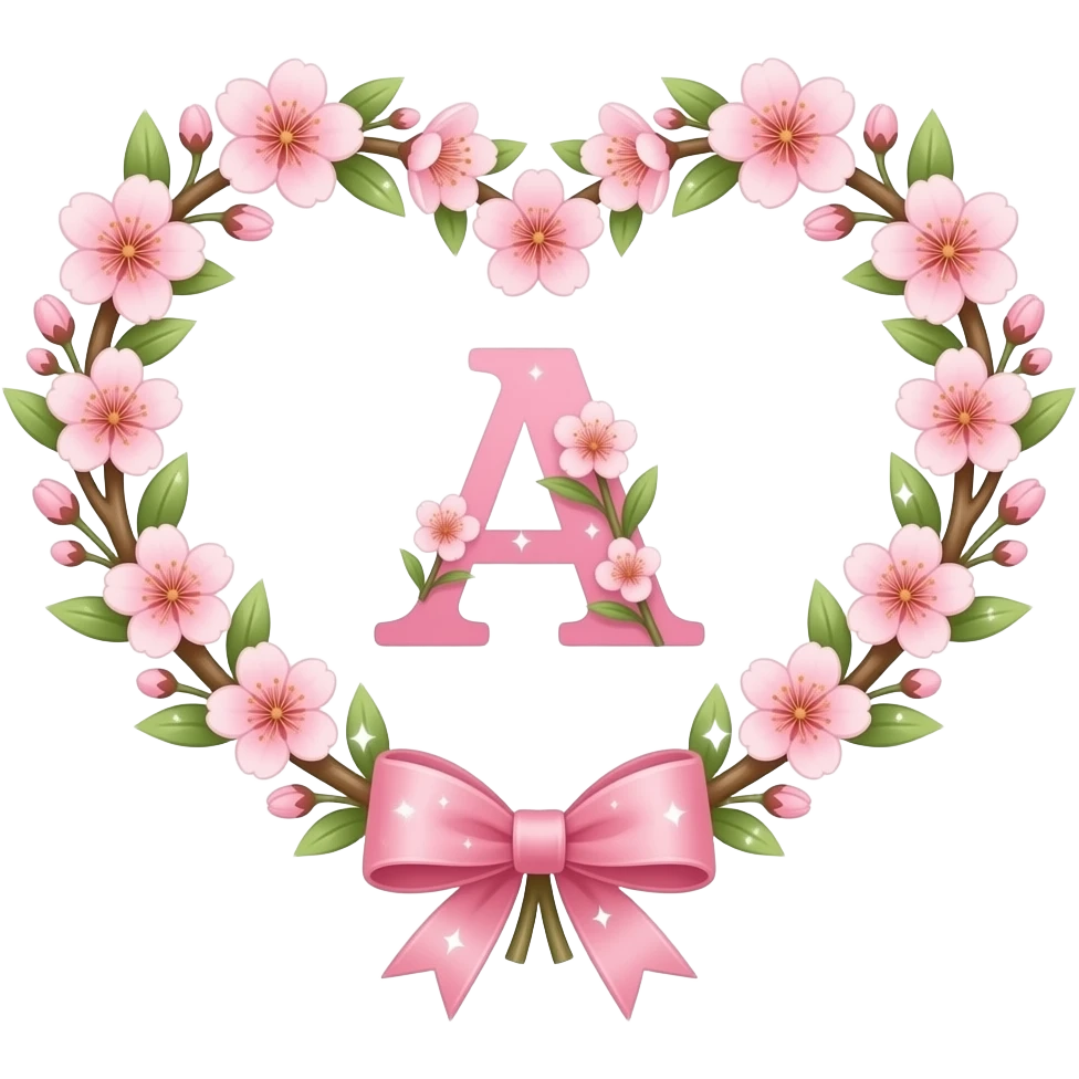 A Floral Heart formed from a ring of tiny glowing lilies and soft pink letter 'A' cherry blossoms. A dainty silk ribbon bow is tied at the bottom. Ethereal, soft-focus lighting, iridescent finish, and floating Sparkling Hearts emoji