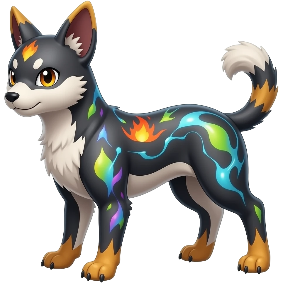Digitigrade elemental realistic pretty elegant sleek shiny patterned quadrupedal Randomly patterned Shinx-Pyroar-Houndour-Arcanine-Electrike-Fakémon-Digimon-animal-hybrid, full body, short fluffy tuft nub-tail emoji