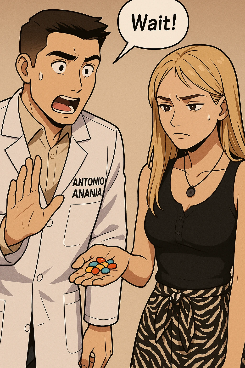 fai un webtoon/manga a colori con questo kinesiologo in camice bianco (fagli la scritta "ANTONIO ANANIA" SUL CAMICE) CHE PARLA CON QUESTA RAGAZZA. LA RAGAZZA HA UN PUGNO DI INTEGRATORI IN MANO (TANTE PILLOLE DIVERSE) E LE GUARDA DUBBIOSA. IL KINESIOLOGO CON IL CAMICE BIANCO LE DOMANDA UNA COSA SCIOCCATO. NON FARE I FUMETTI, FAI SOLO LORO COME SE DIALOGASSERO emoji