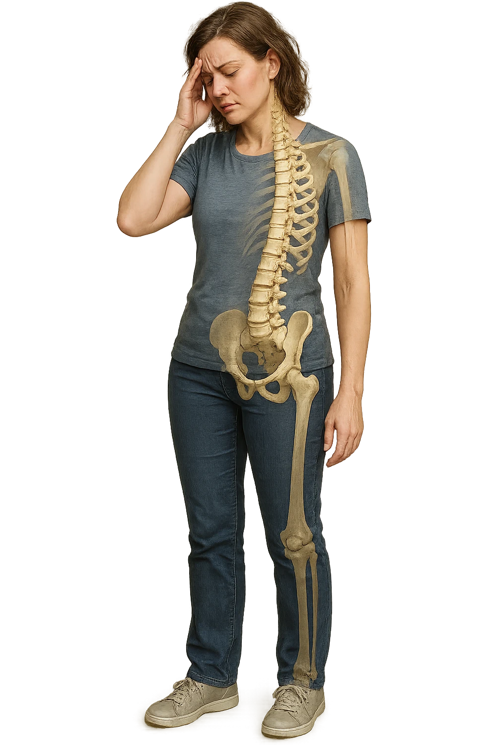 donna stanca a figura intera che si tiene una mano sulla tempia con spina dorsale anatomica visibile, iperrealistico 4k emoji