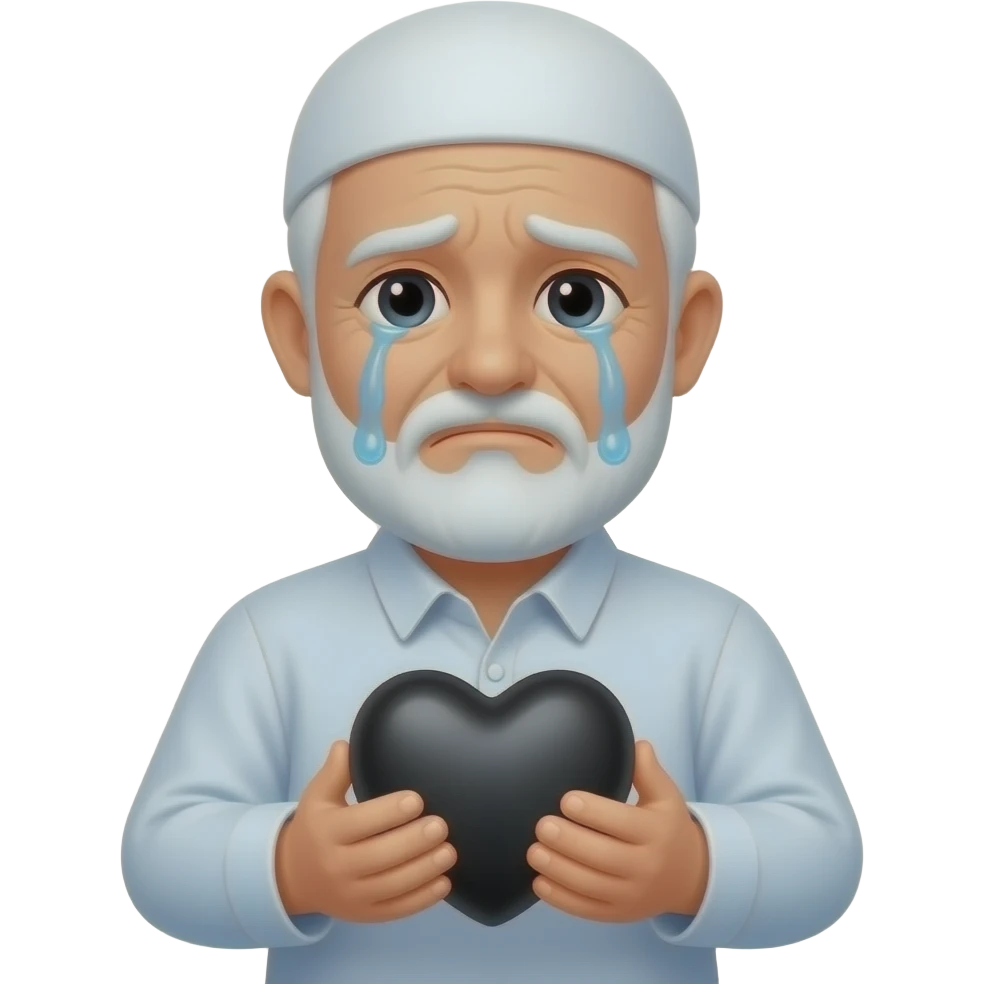 растроеный  со слезами пожилой мужчина мусульманин с черным сердем в руках emoji